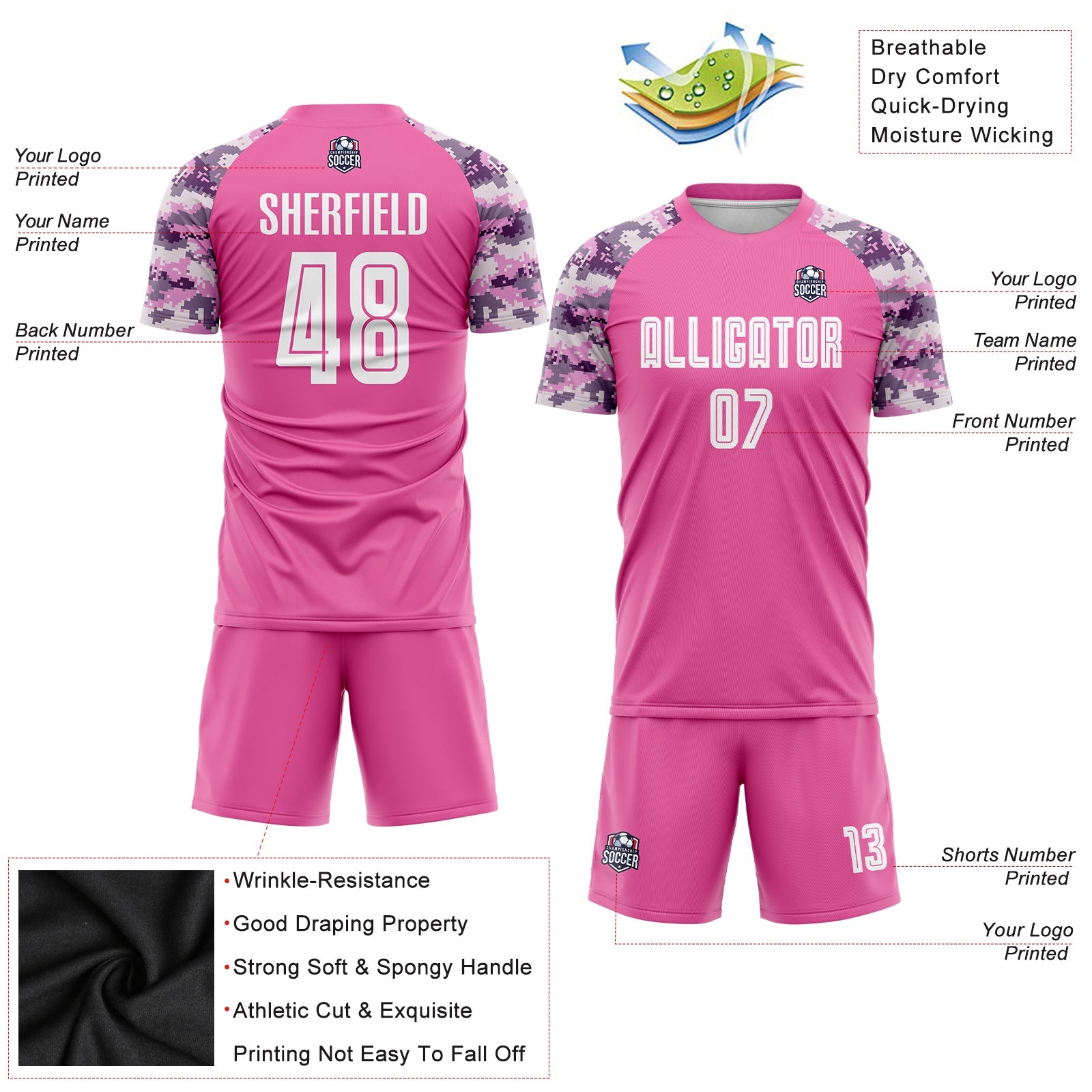 Custom Pink White-Camo Sublimation Soccer Uniform Jersey - Sky-Custom