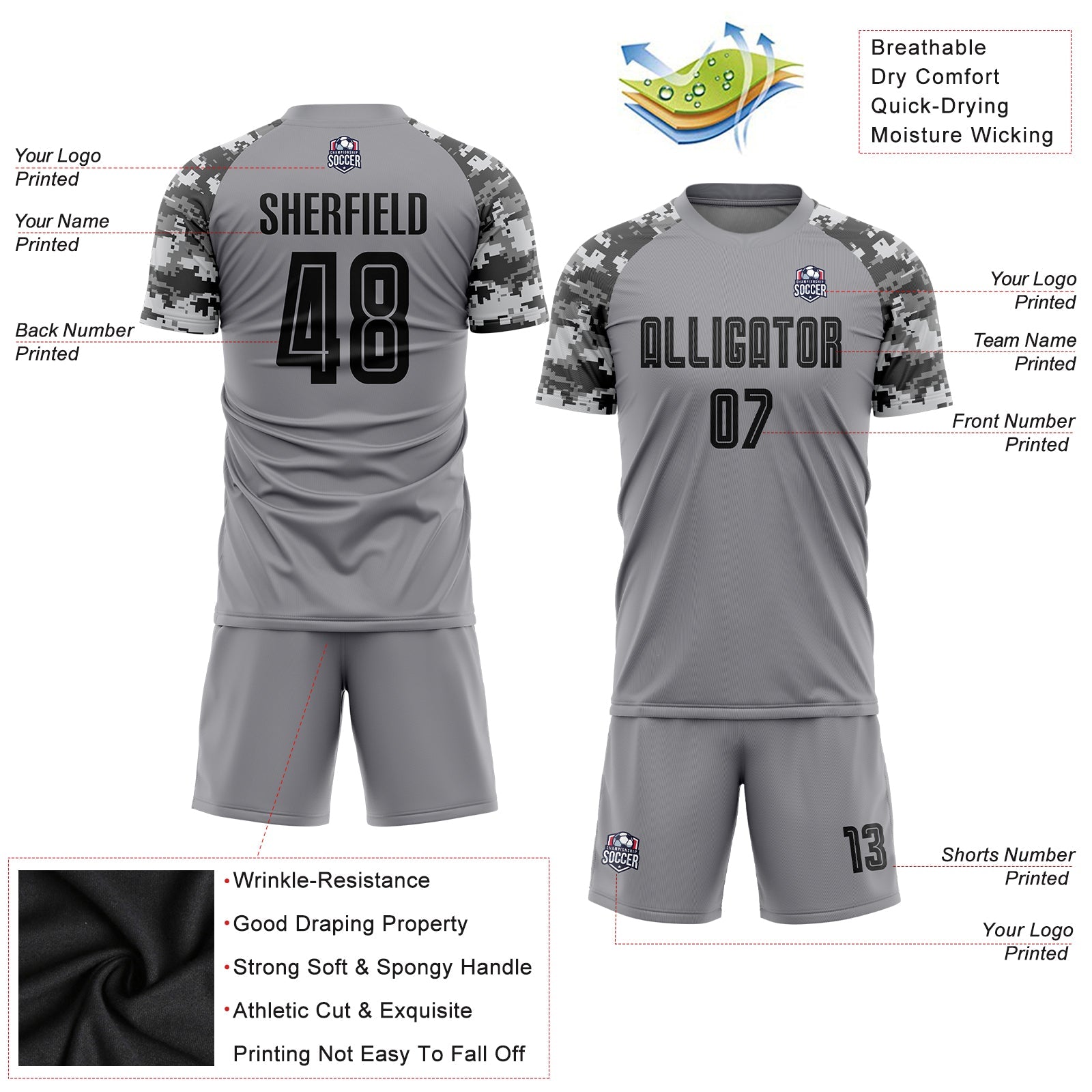 Custom Gray Black-Camo Sublimation Soccer Uniform Jersey - Sky-Custom