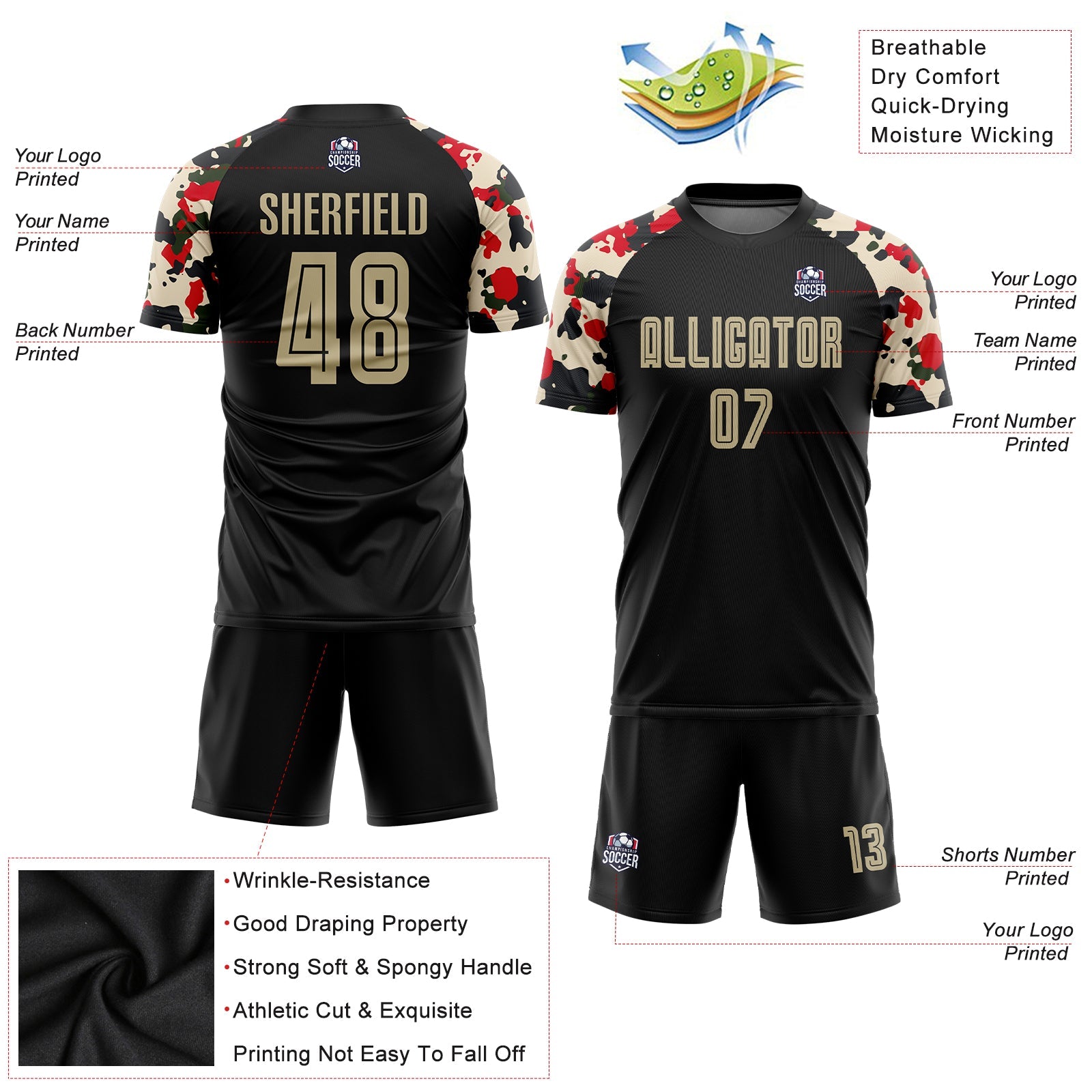 Custom Black Vegas Gold-Camo Sublimation Soccer Uniform Jersey - Sky-Custom