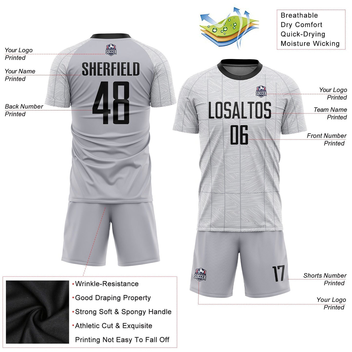 Custom Gray Black-White Sublimation Soccer Uniform Jersey - Sky-Custom