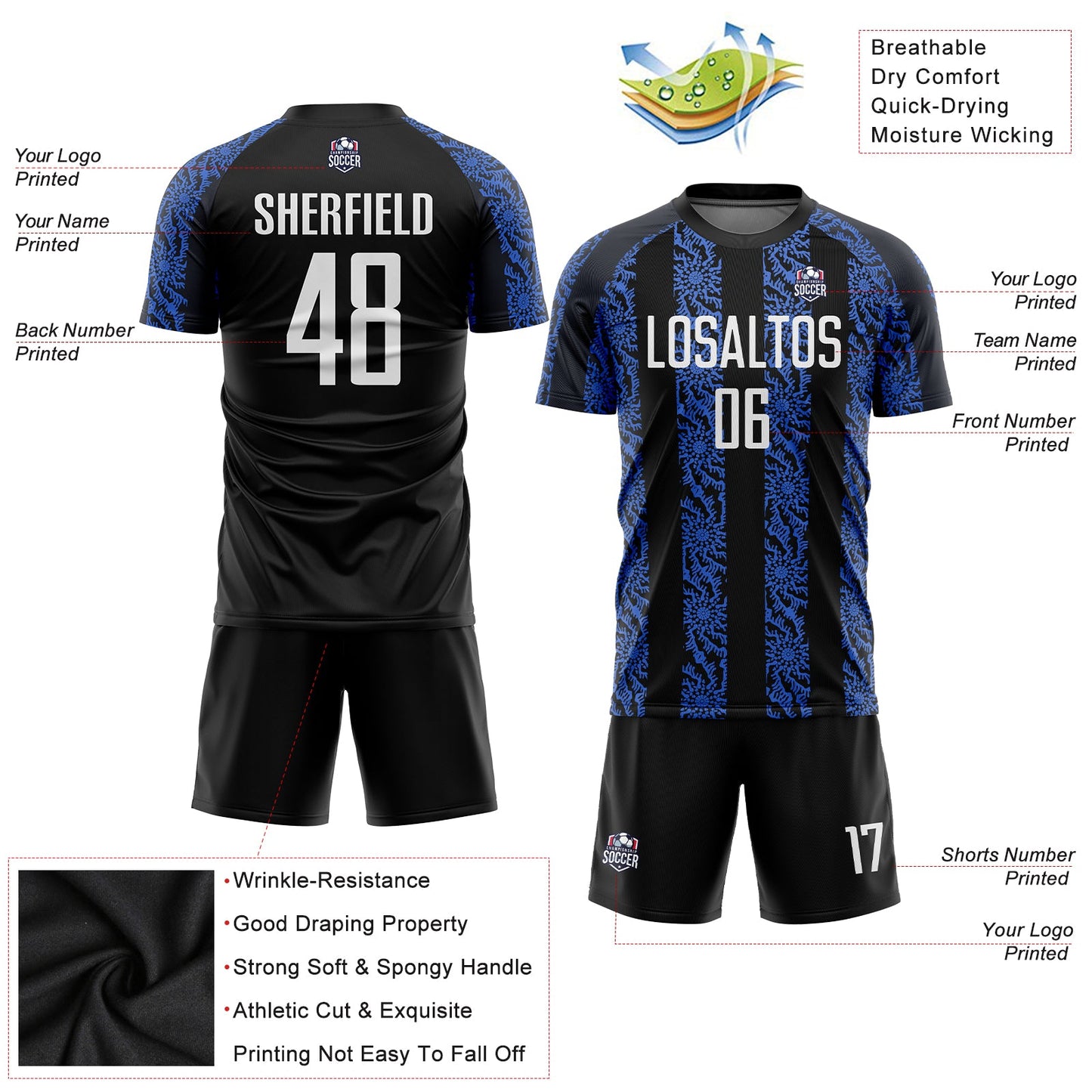 Custom Black White-Royal Sublimation Soccer Uniform Jersey - Sky-Custom