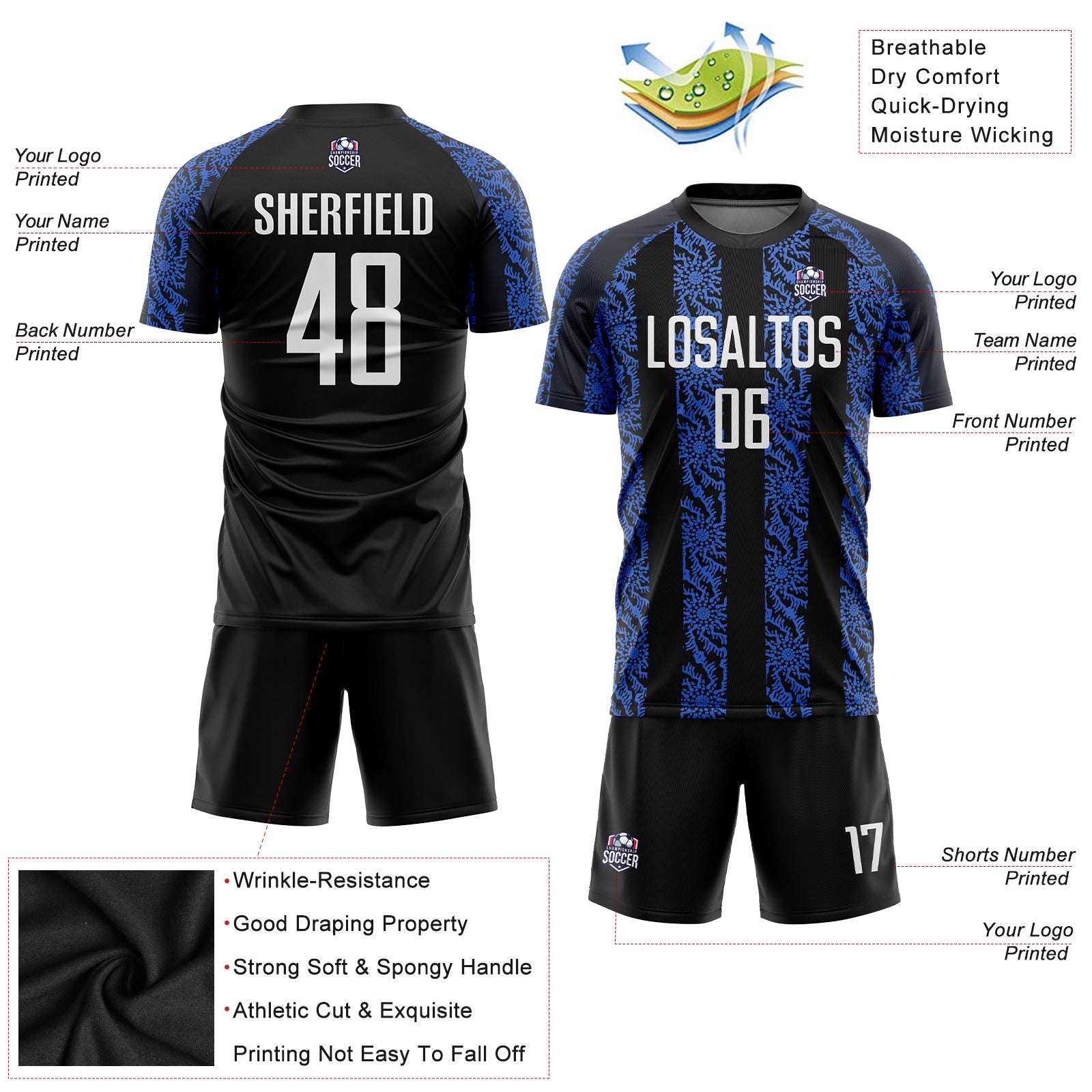 Custom Black White-Royal Sublimation Soccer Uniform Jersey - Sky-Custom