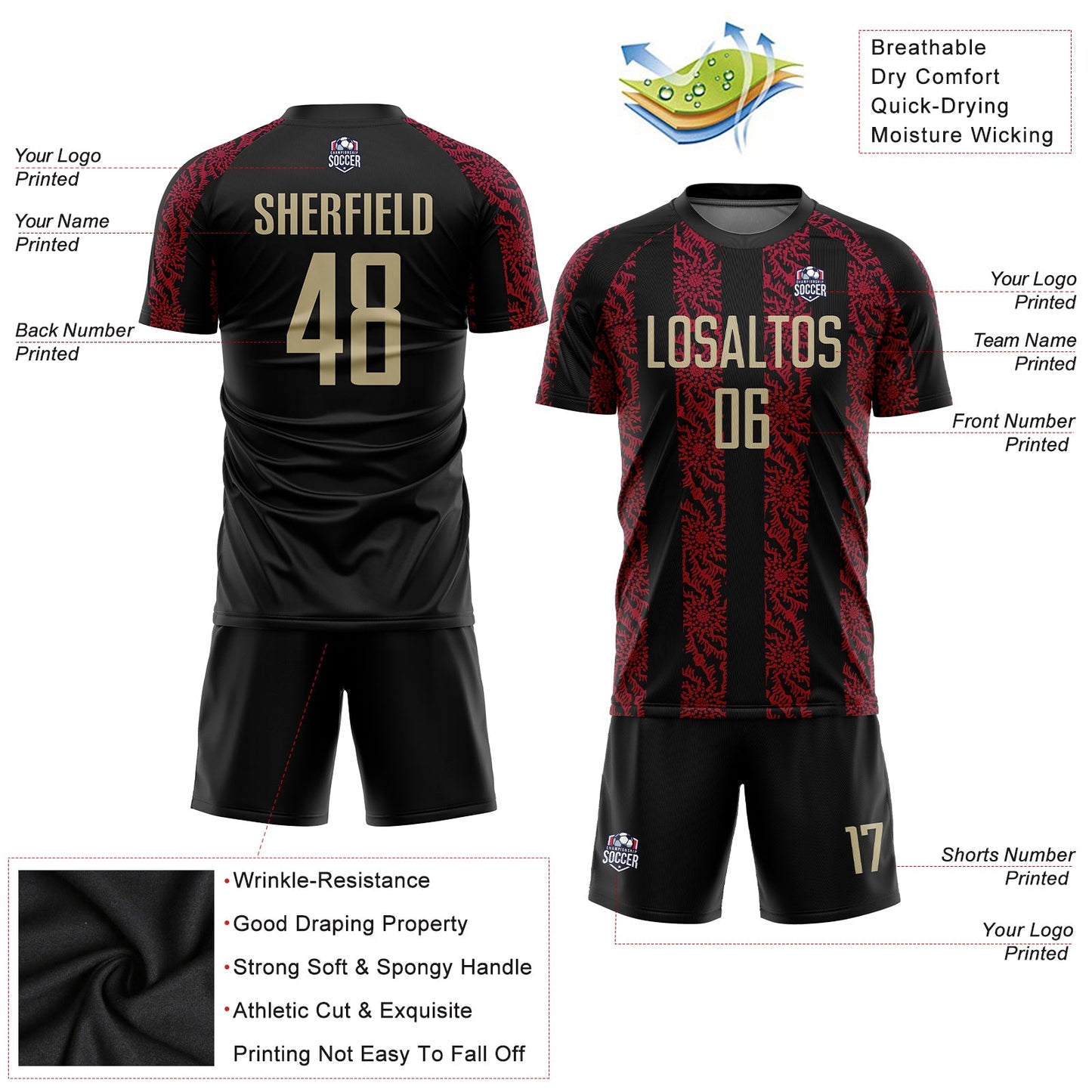 Custom Black Vegas Gold-Red Sublimation Soccer Uniform Jersey - Sky-Custom