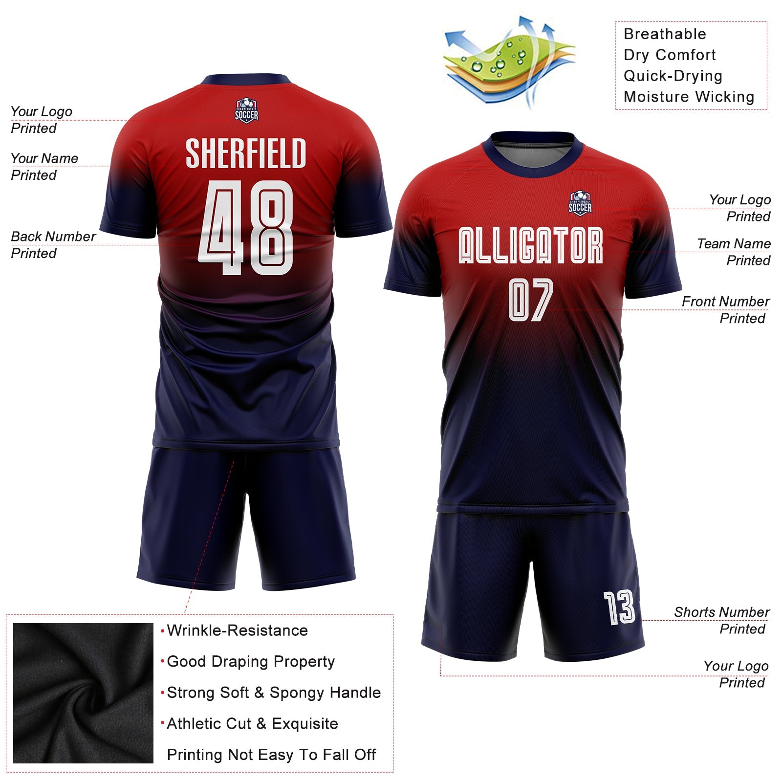 Custom Red White-Navy Sublimation Fade Fashion Soccer Uniform Jersey - Sky-Custom