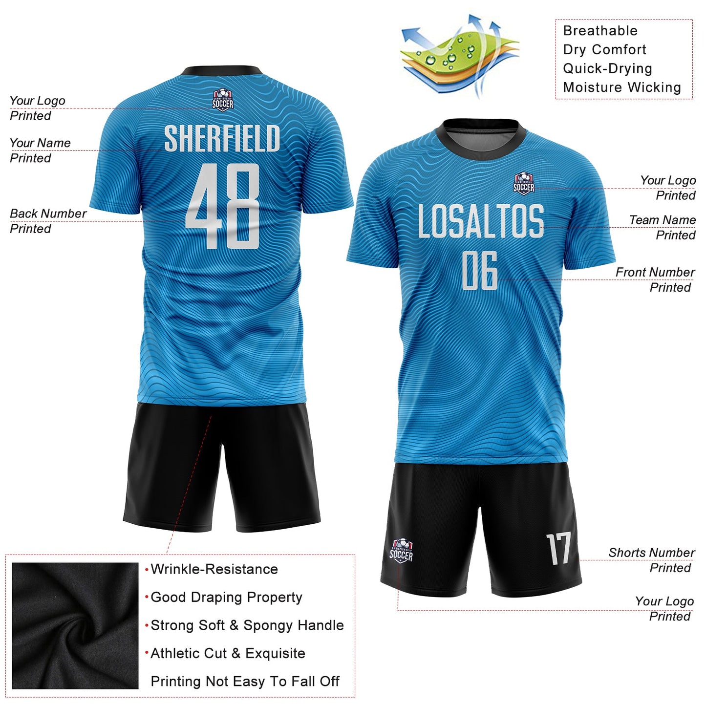 Custom Light Blue White-Black Sublimation Soccer Uniform Jersey - Sky-Custom