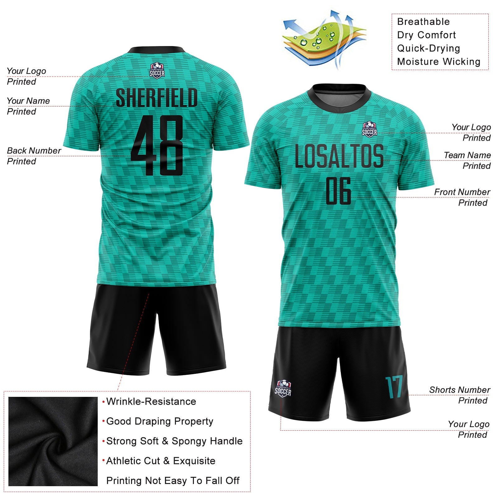 Custom Teal Black Sublimation Soccer Uniform Jersey - Sky-Custom