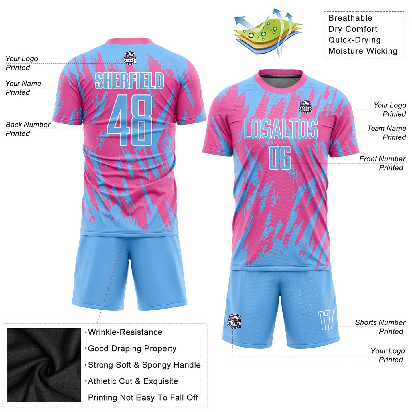 Custom Pink Light Blue-White Sublimation Soccer Uniform Jersey - Sky-Custom