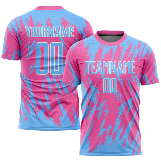 Custom Pink Light Blue-White Sublimation Soccer Uniform Jersey - Sky-Custom