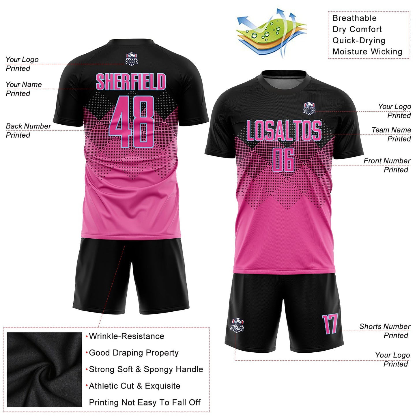 Custom Pink Black-LIght Blue Gradient Square Shape Sublimation Soccer Uniform Jersey - Sky-Custom