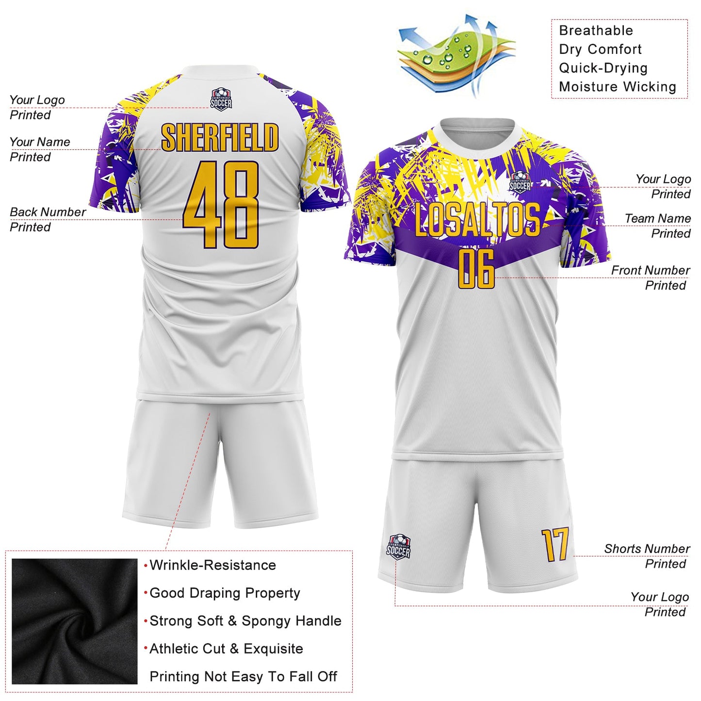 Custom White Gold-Purple Sublimation Soccer Uniform Jersey - Sky-Custom