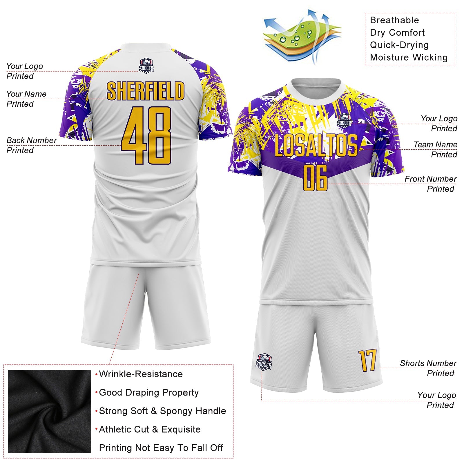Custom White Gold-Purple Sublimation Soccer Uniform Jersey - Sky-Custom