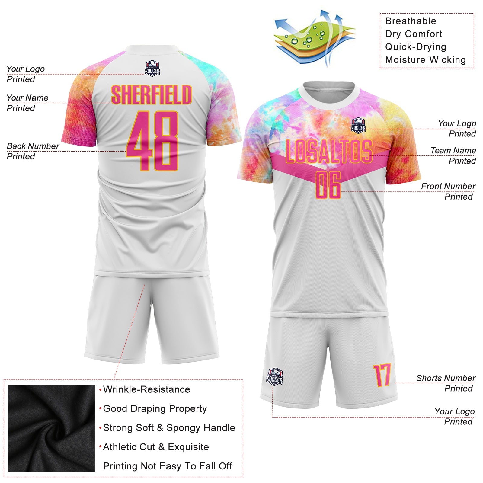 Custom White Pink-Gold Sublimation Soccer Uniform Jersey - Sky-Custom