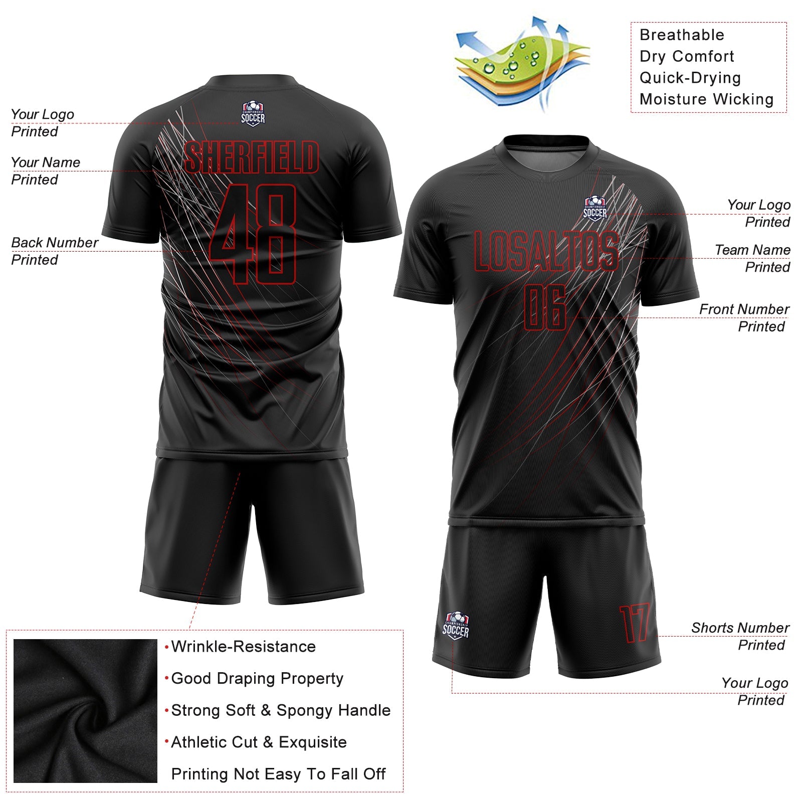 Custom Black Black-Red Sublimation Soccer Uniform Jersey - Sky-Custom