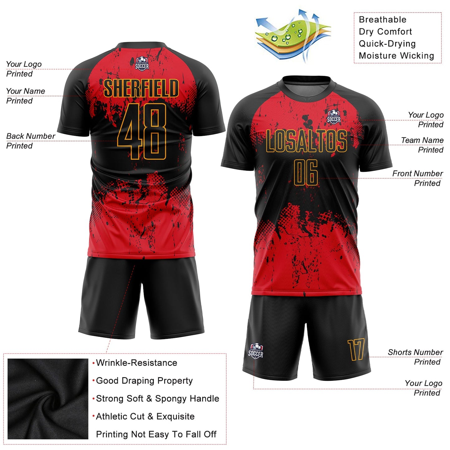 Custom Black Red-Gold Sublimation Soccer Uniform Jersey - Sky-Custom
