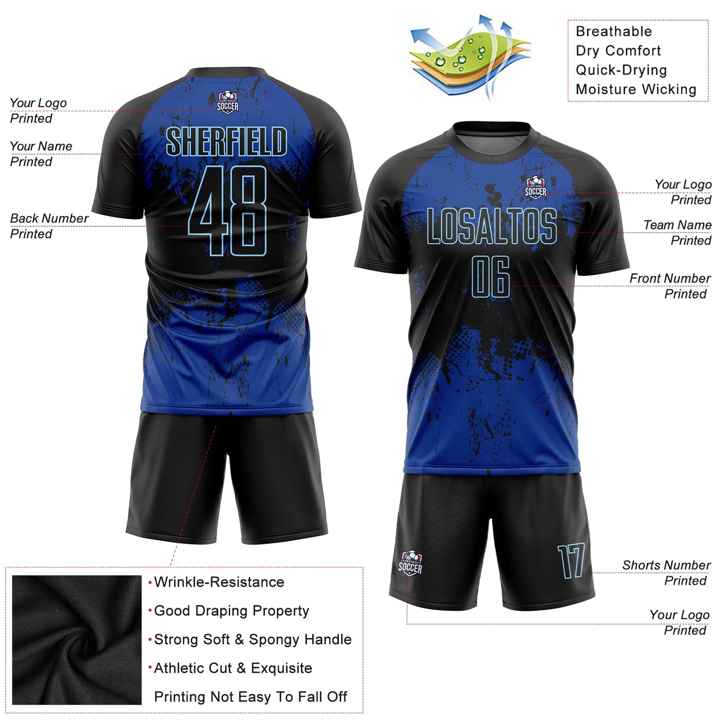 Custom Black Black-Royal Sublimation Soccer Uniform Jersey - Sky-Custom