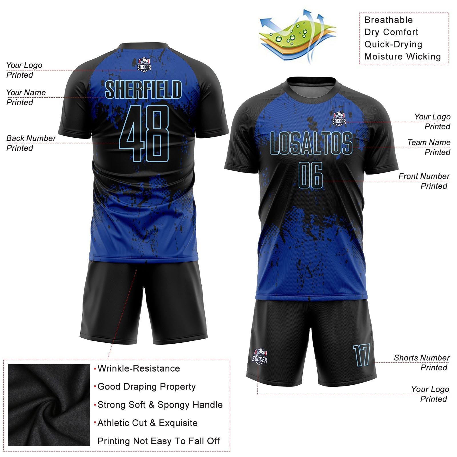 Custom Black Black-Royal Sublimation Soccer Uniform Jersey - Sky-Custom