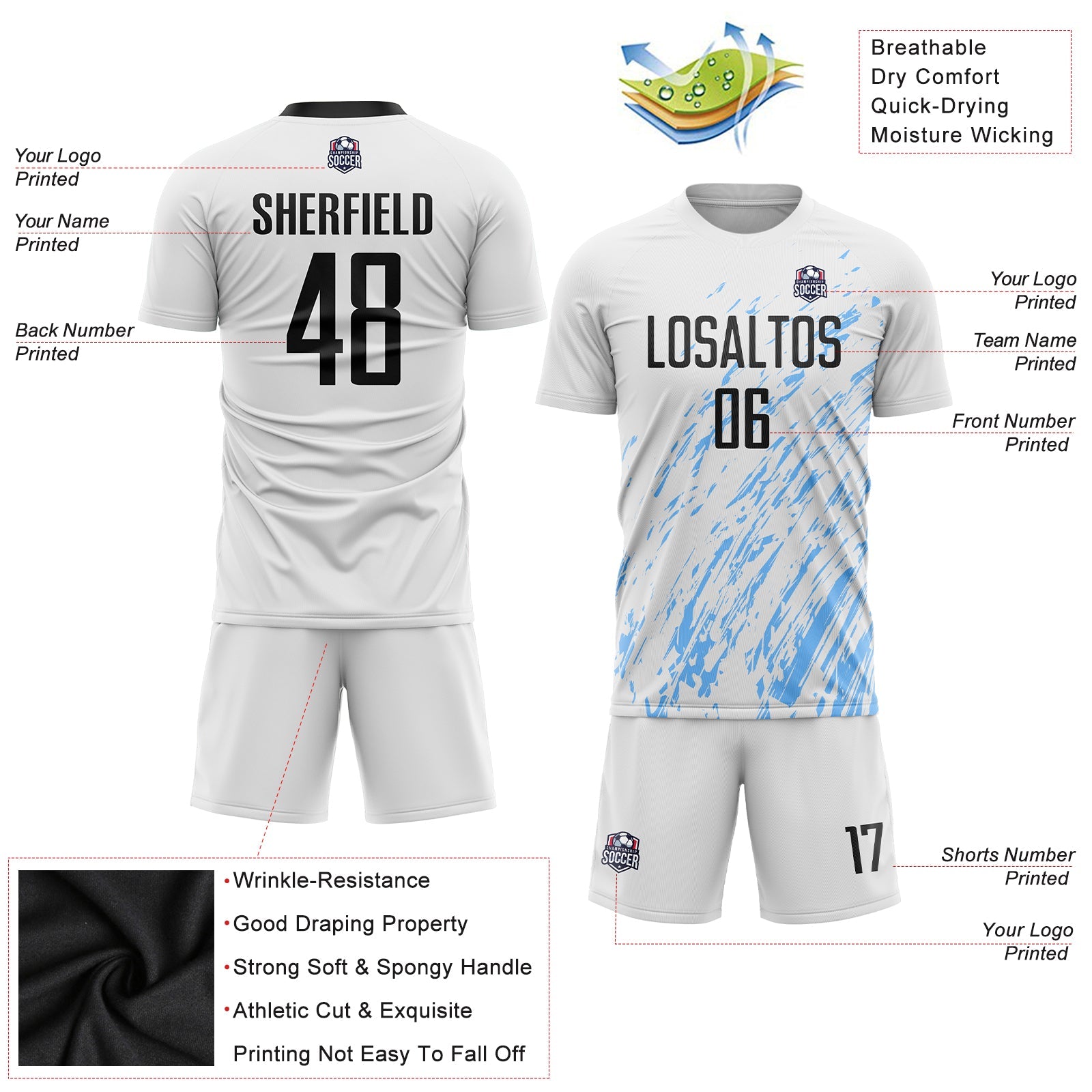 Custom White Black-Light Blue Sublimation Soccer Uniform Jersey - Sky-Custom