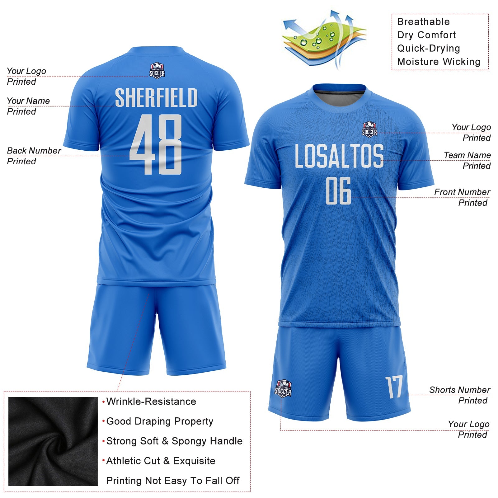Custom Light Blue White Sublimation Soccer Uniform Jersey - Sky-Custom