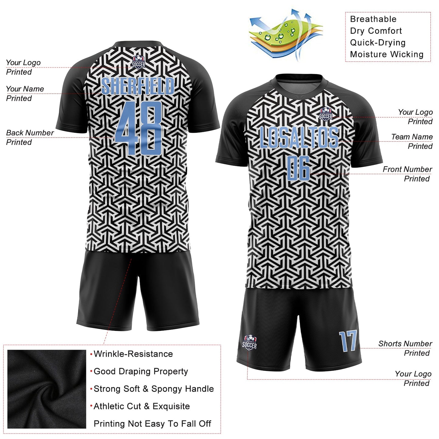 Custom Black Light Blue-White Sublimation Soccer Uniform Jersey - Sky-Custom