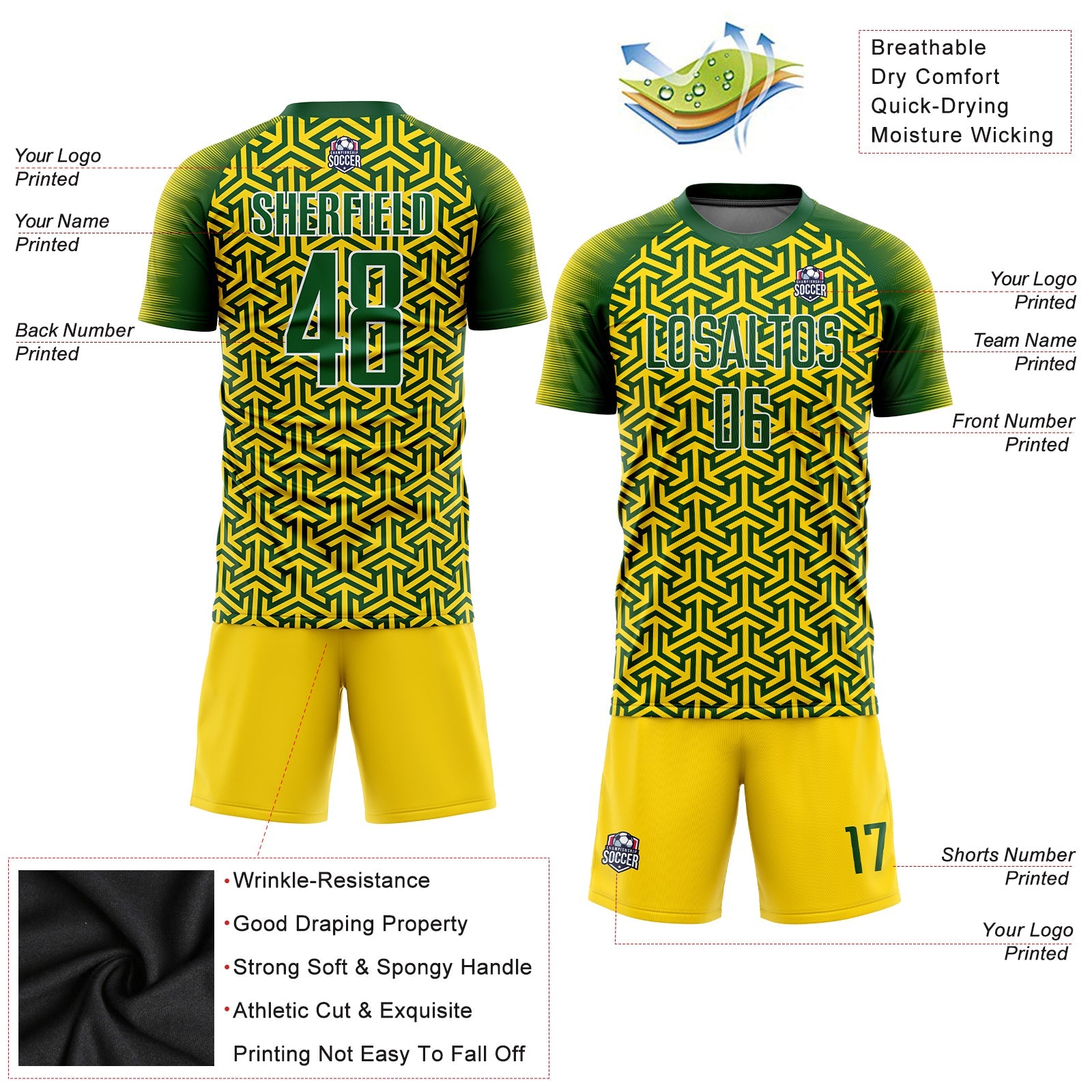 Custom Gold Green-White Sublimation Soccer Uniform Jersey - Sky-Custom
