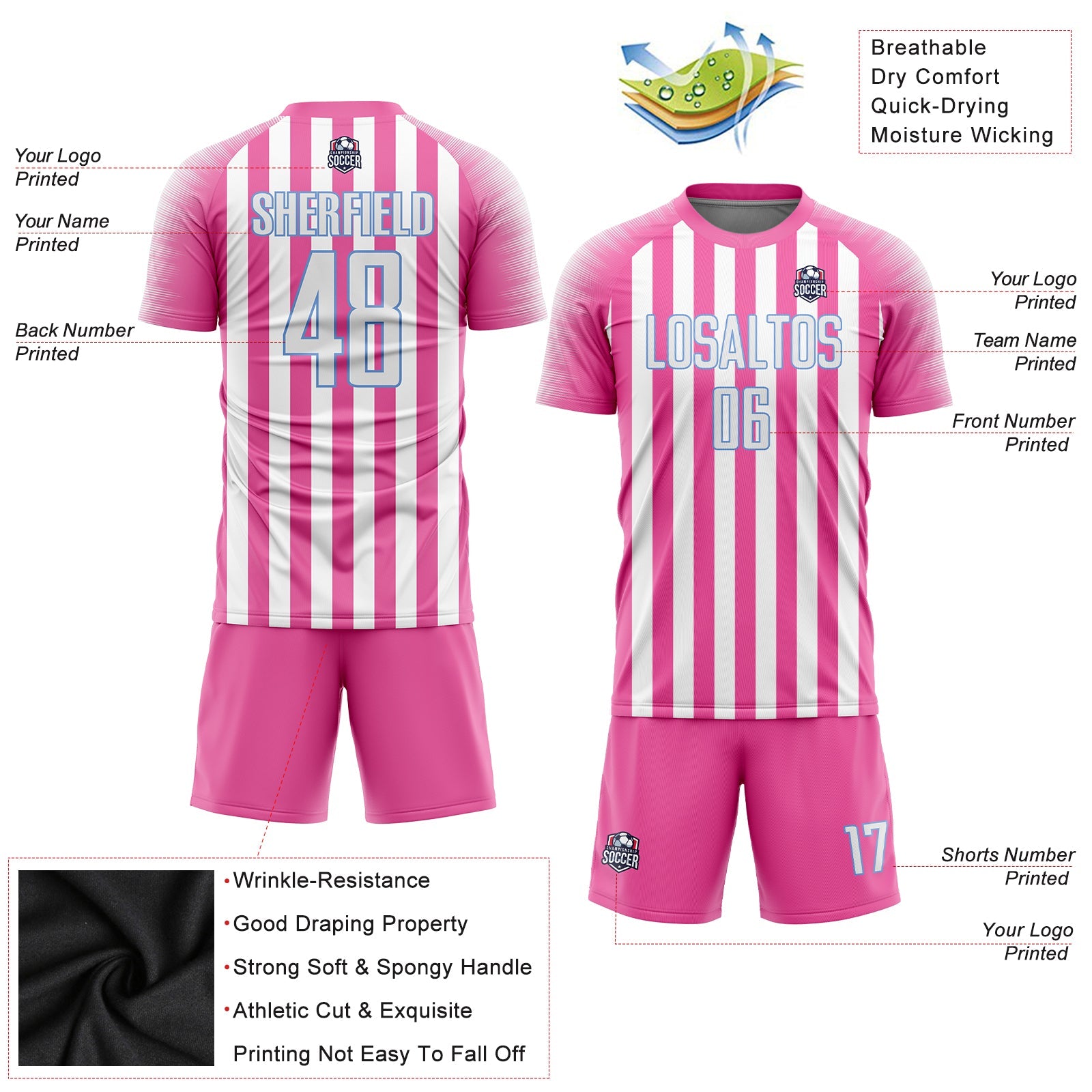 Custom Pink White-Light Blue Sublimation Soccer Uniform Jersey - Sky-Custom