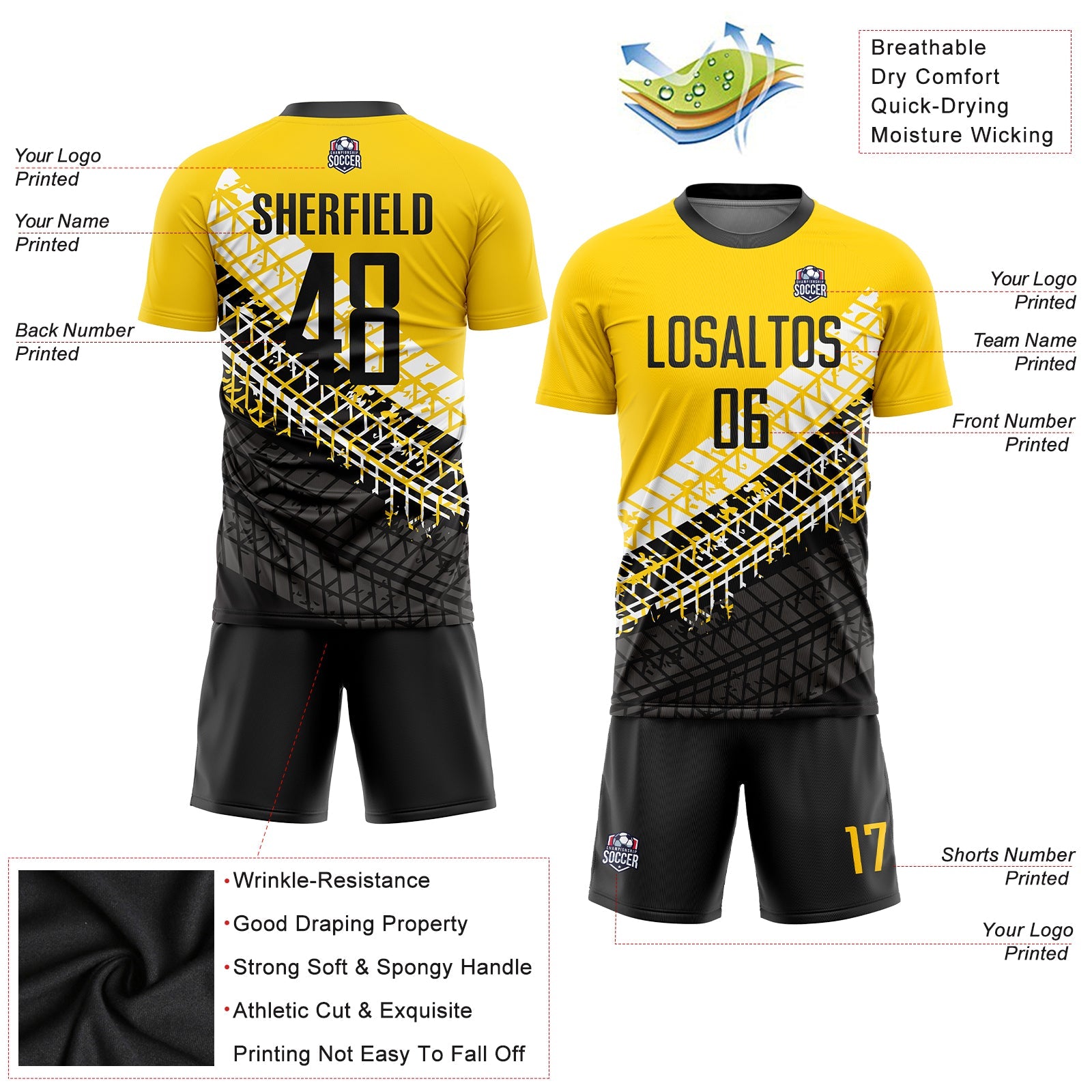 Custom Gold Black-White Sublimation Soccer Uniform Jersey - Sky-Custom