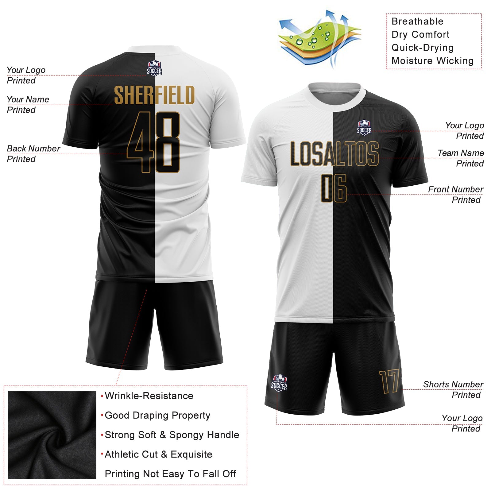 Custom White Black-Old Gold Sublimation Split Fashion Soccer Uniform Jersey - Sky-Custom
