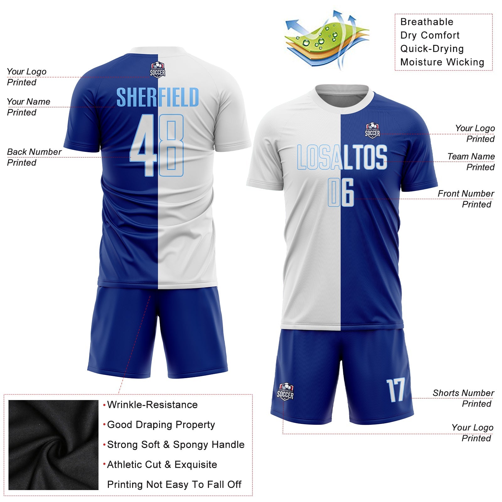 Custom Royal White-Light Blue Sublimation Split Fashion Soccer Uniform Jersey - Sky-Custom