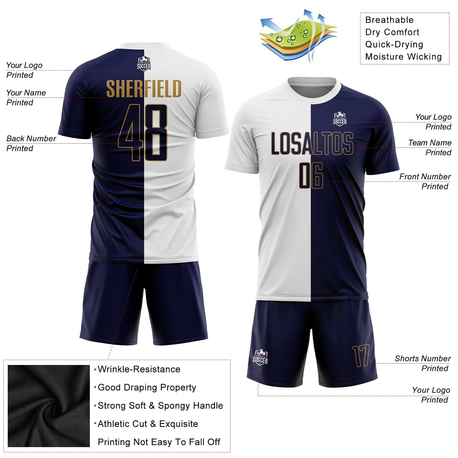 Custom White Navy-Old Gold Sublimation Split Fashion Soccer Uniform Jersey - Sky-Custom