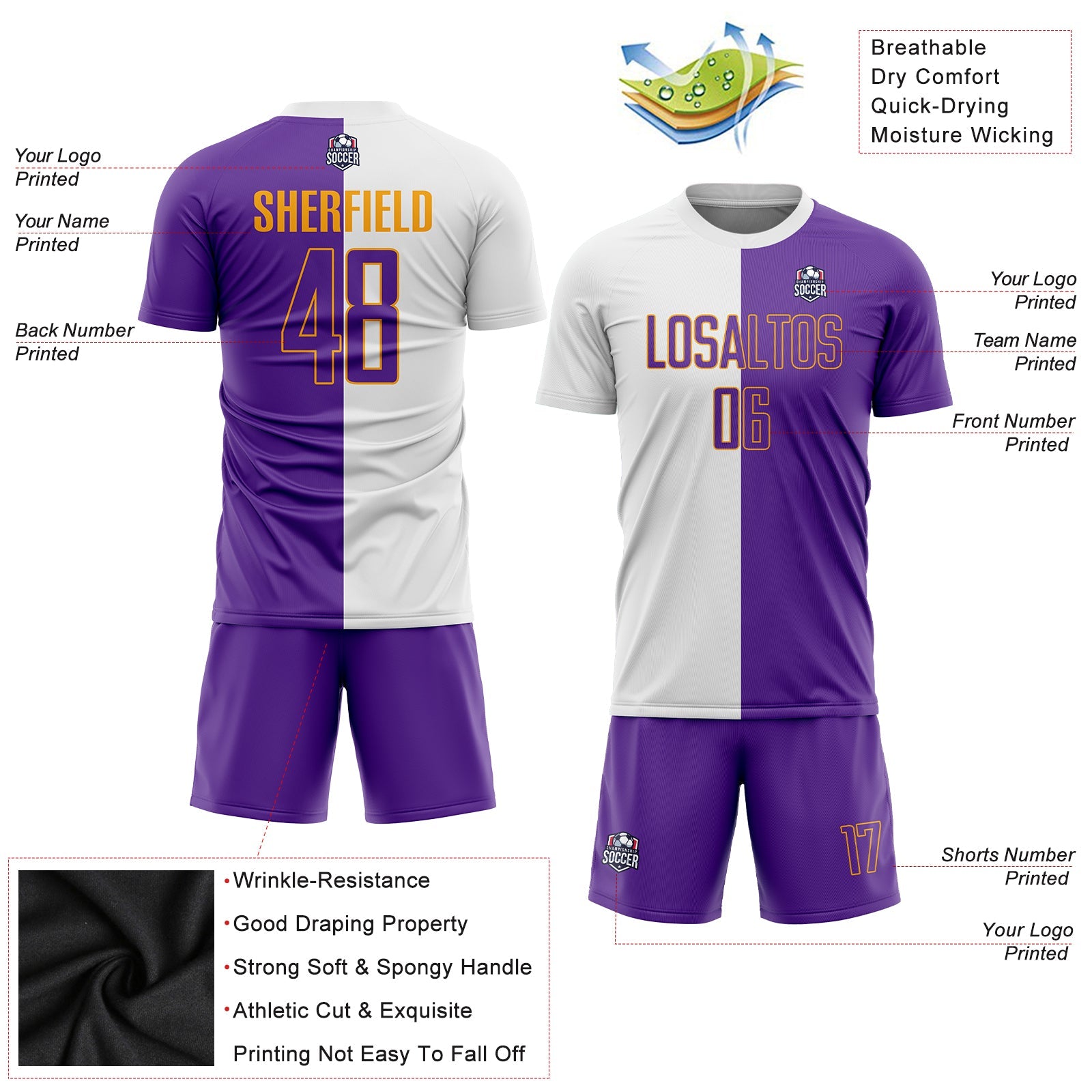 Custom White Purple-Gold Sublimation Split Fashion Soccer Uniform Jersey - Sky-Custom