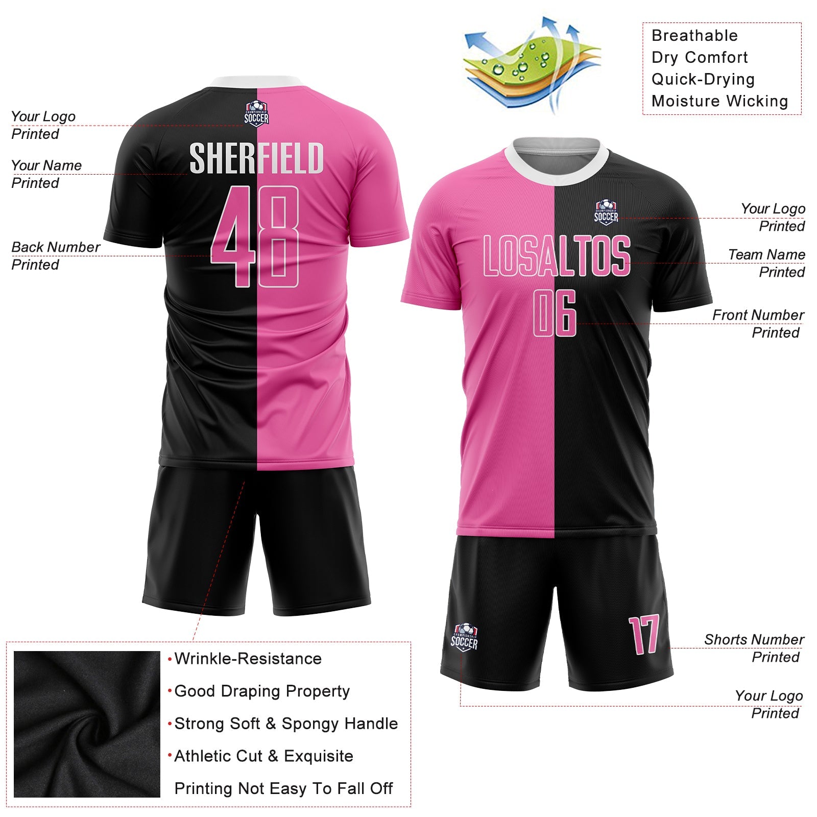 Custom Black Pink-White Sublimation Split Fashion Soccer Uniform Jersey - Sky-Custom