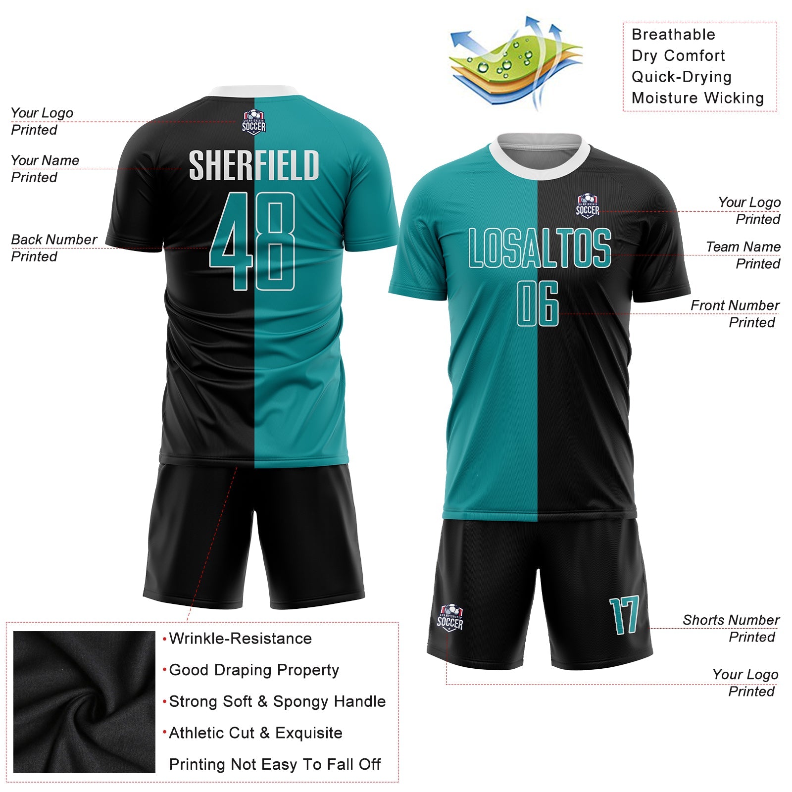 Custom Black Teal-White Sublimation Split Fashion Soccer Uniform Jersey - Sky-Custom