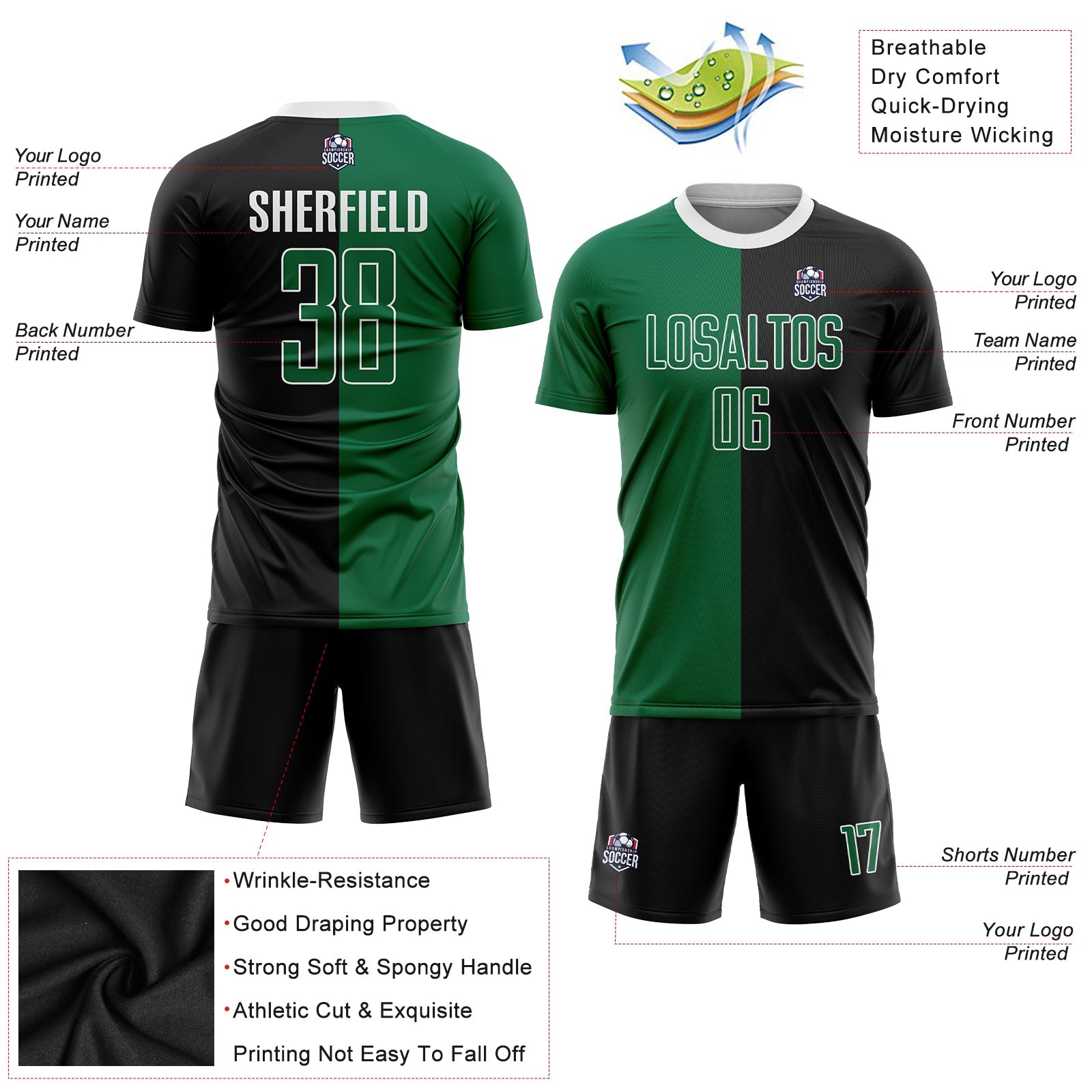 Custom Black Kelly Green-White Sublimation Split Fashion Soccer Uniform Jersey - Sky-Custom