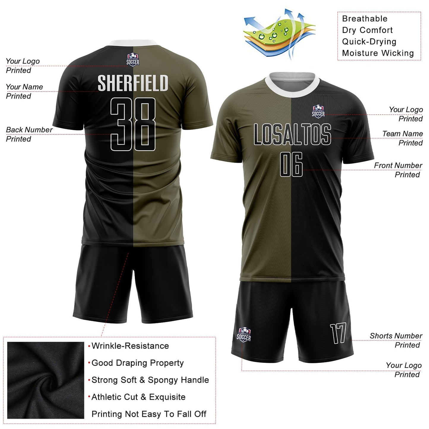 Custom Olive Black-White Sublimation Split Fashion Salute To Service Soccer Uniform Jersey - Sky-Custom
