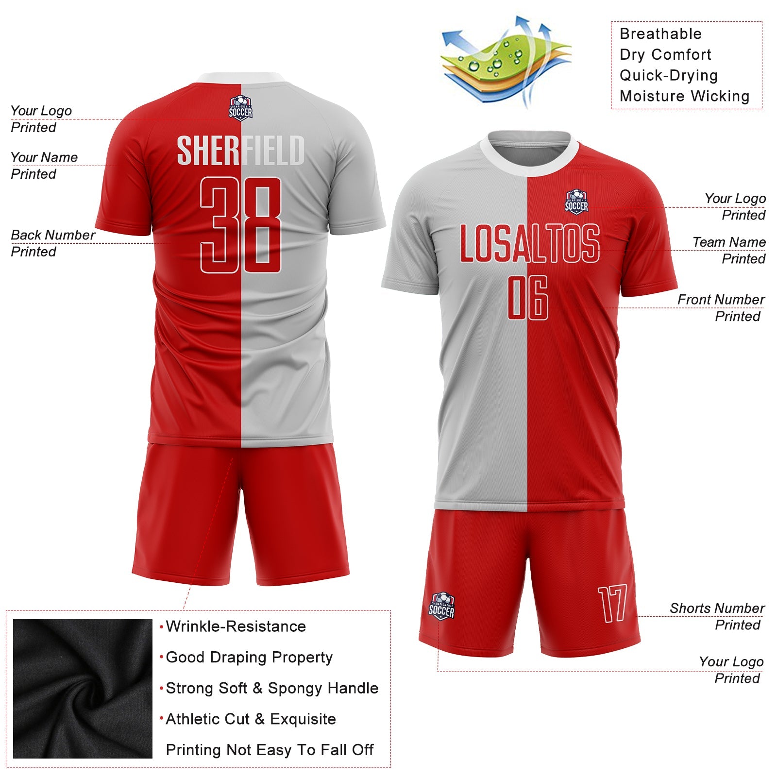 Custom Gray Red-White Sublimation Split Fashion Soccer Uniform Jersey - Sky-Custom