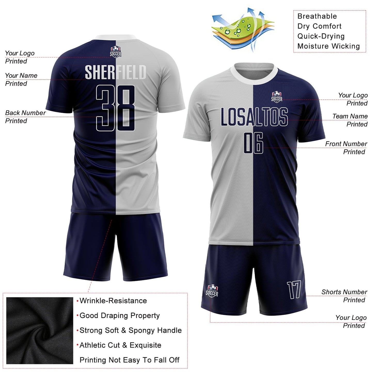 Custom Gray Navy-White Sublimation Split Fashion Soccer Uniform Jersey - Sky-Custom
