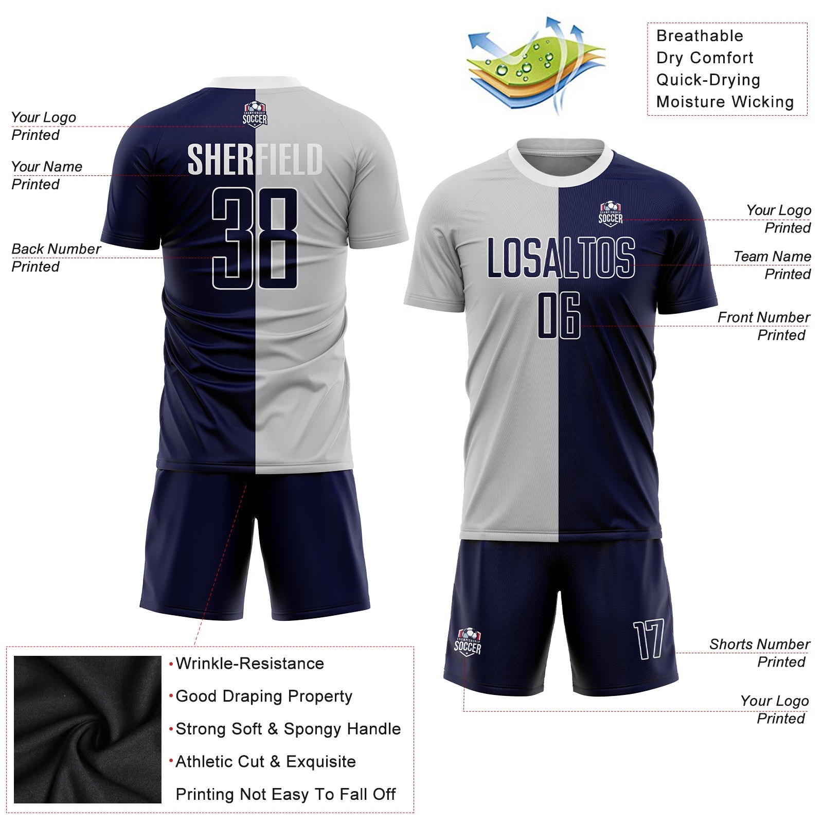 Custom Gray Navy-White Sublimation Split Fashion Soccer Uniform Jersey - Sky-Custom