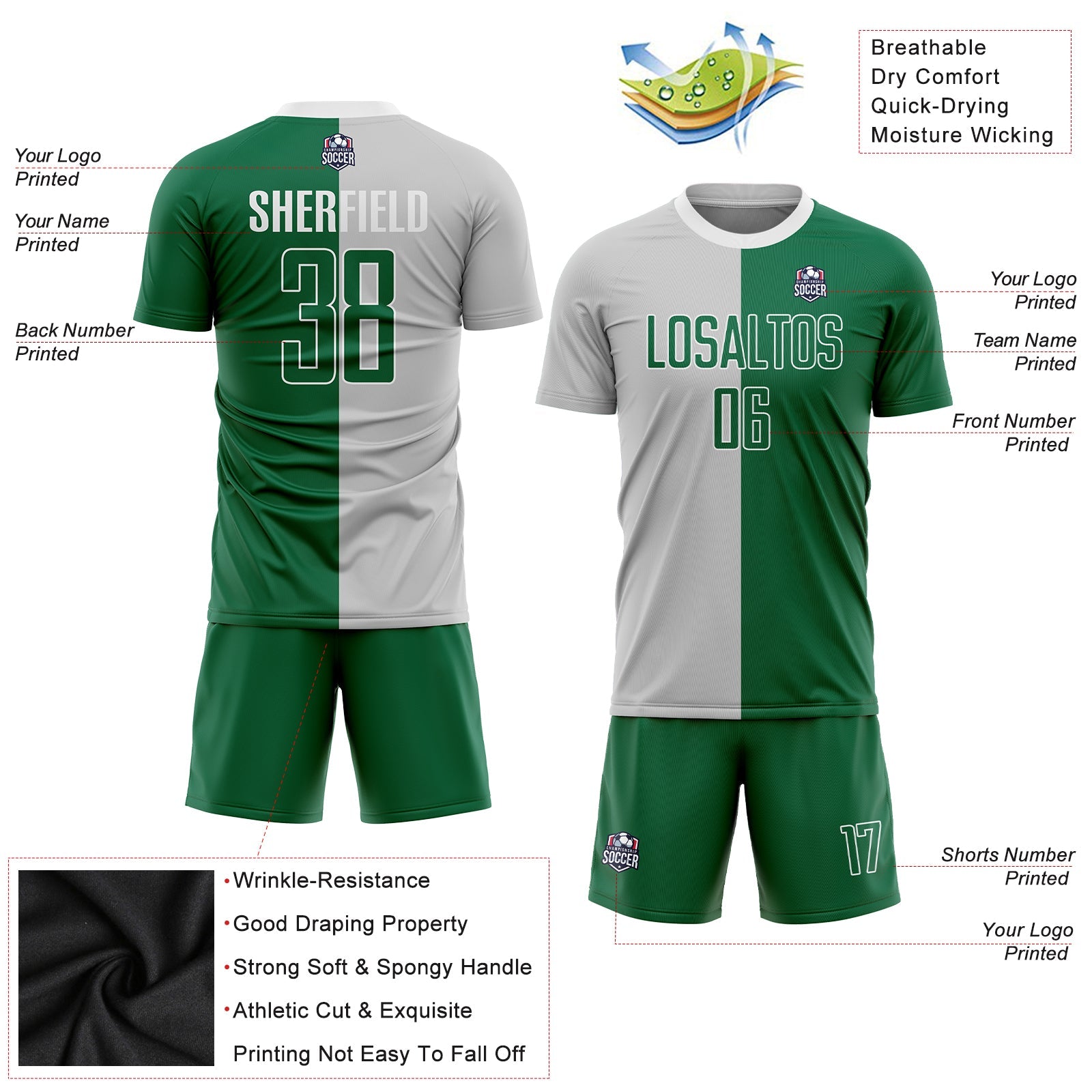 Custom Gray Kelly Green-White Sublimation Split Fashion Soccer Uniform Jersey - Sky-Custom