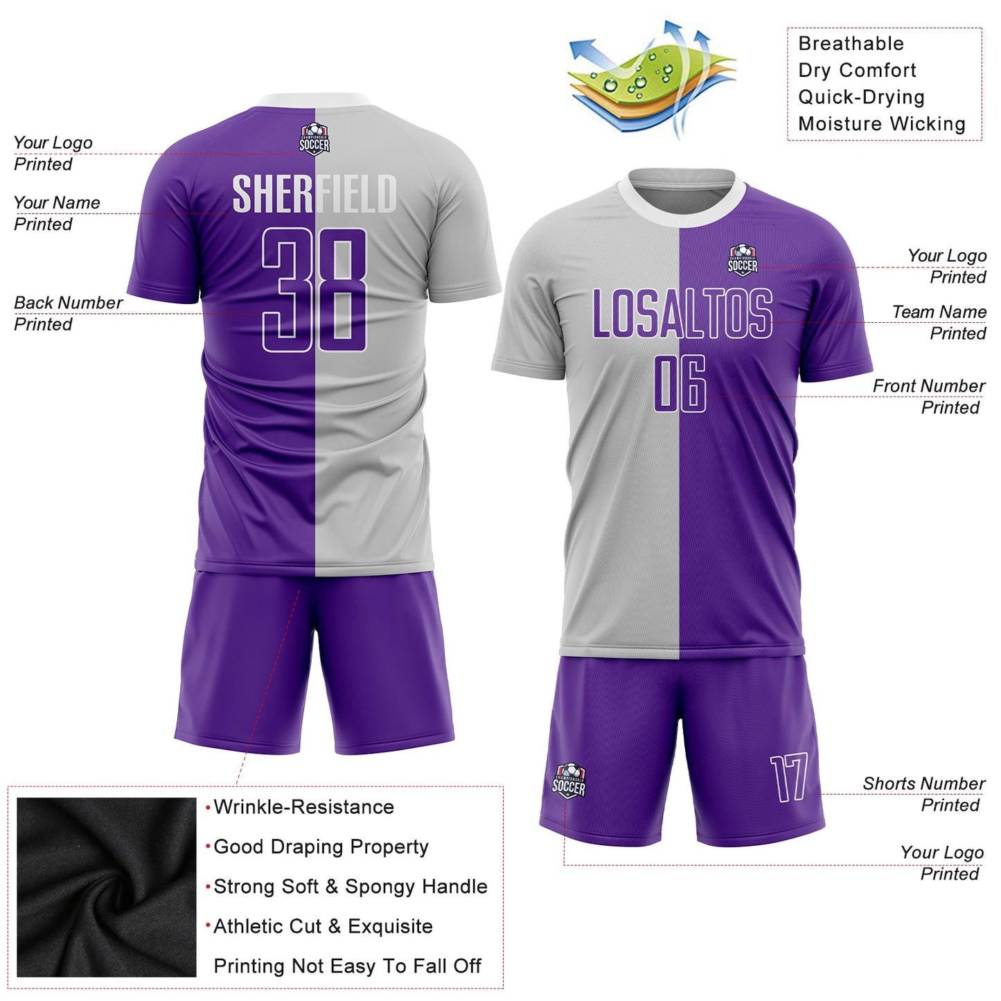 Custom Gray Purple-White Sublimation Split Fashion Soccer Uniform Jersey - Sky-Custom