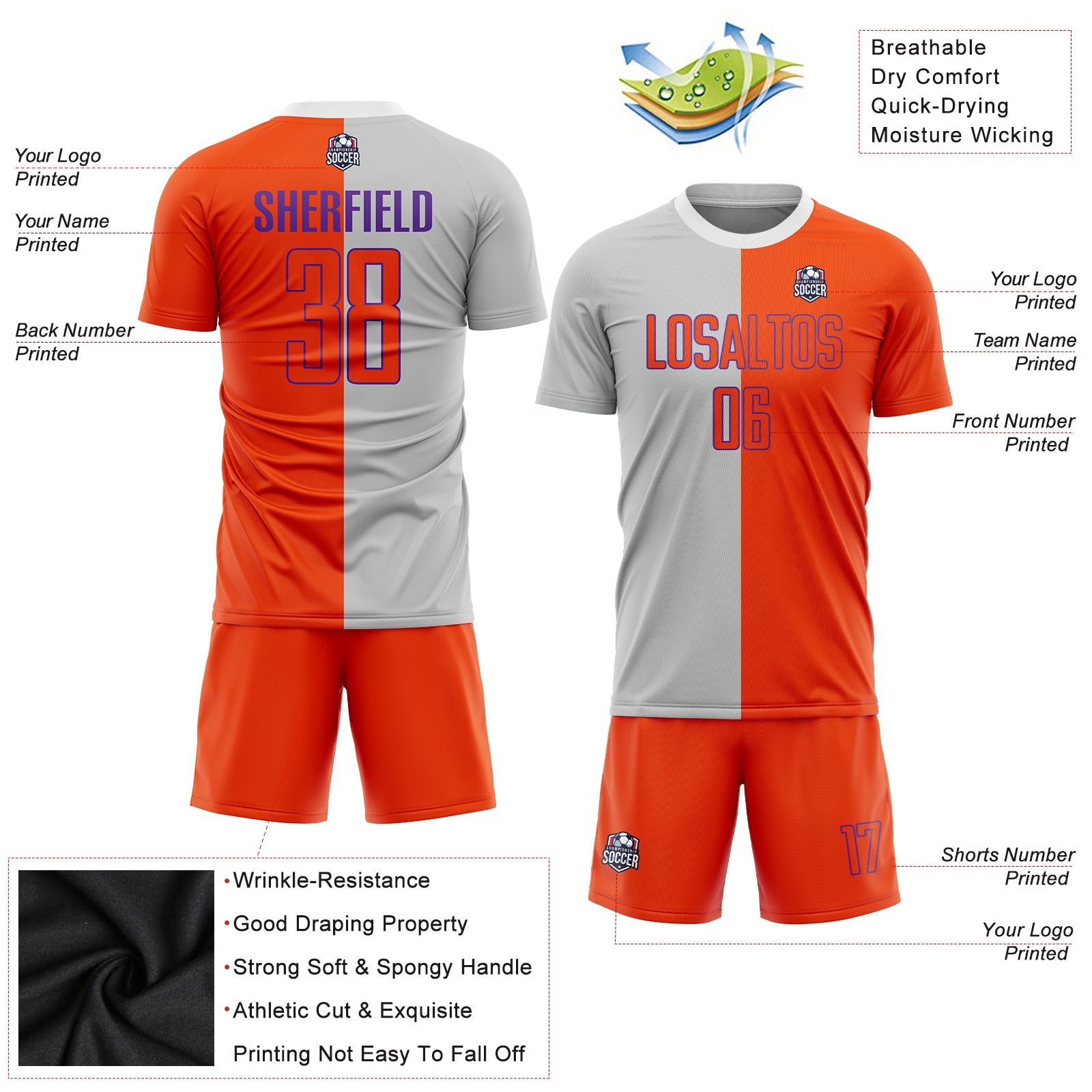 Custom Gray Orange-Purple Sublimation Split Fashion Soccer Uniform Jersey - Sky-Custom