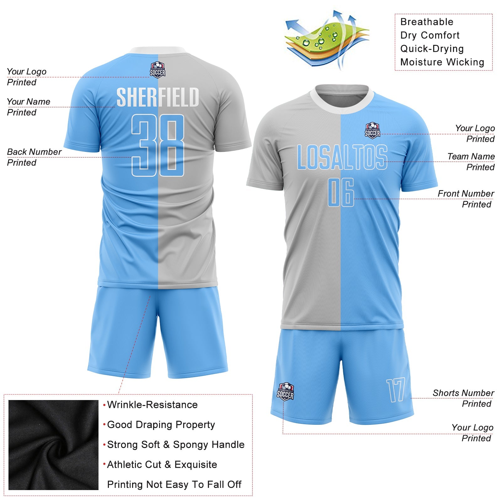 Custom Gray Light Blue-White Sublimation Split Fashion Soccer Uniform Jersey - Sky-Custom