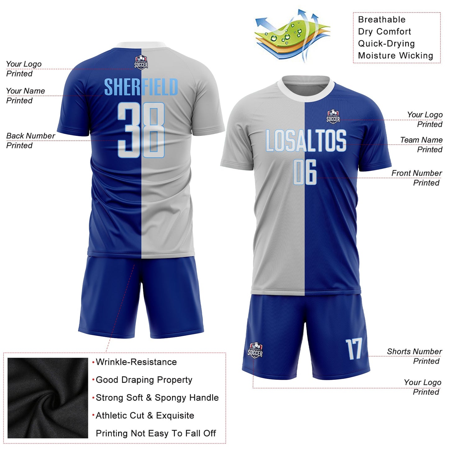 Custom Royal White-Gray Sublimation Split Fashion Soccer Uniform Jersey - Sky-Custom
