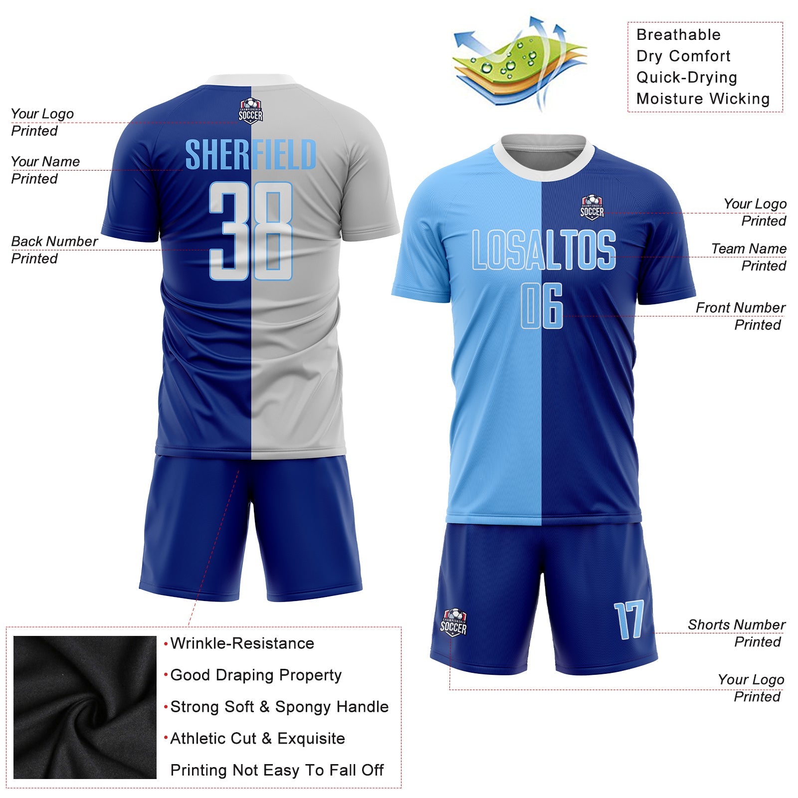 Custom Royal Light Blue-White Sublimation Split Fashion Soccer Uniform Jersey - Sky-Custom