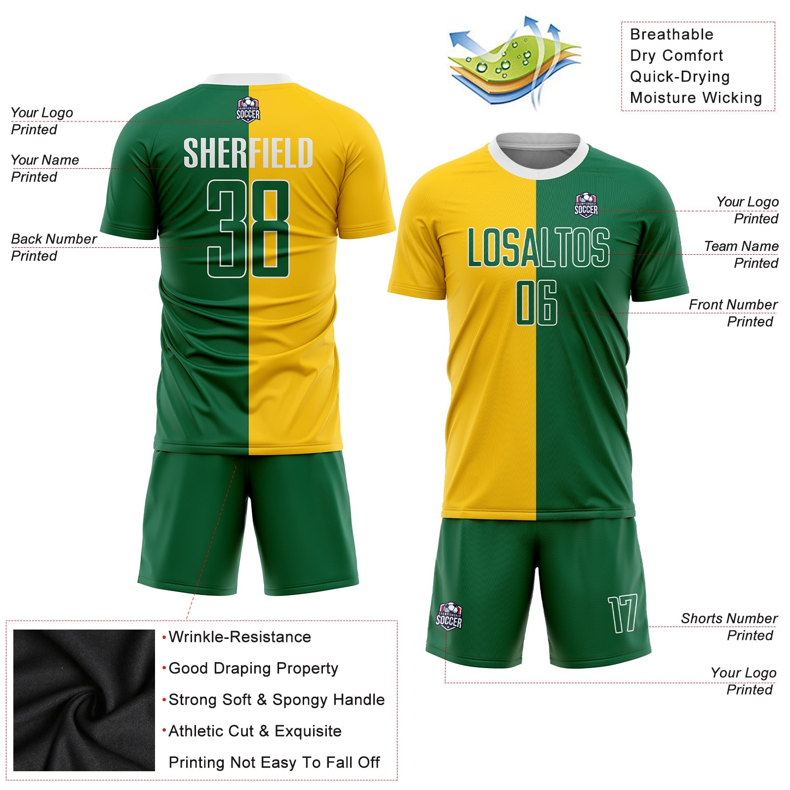 Custom Gold Kelly Green-White Sublimation Split Fashion Soccer Uniform Jersey - Sky-Custom