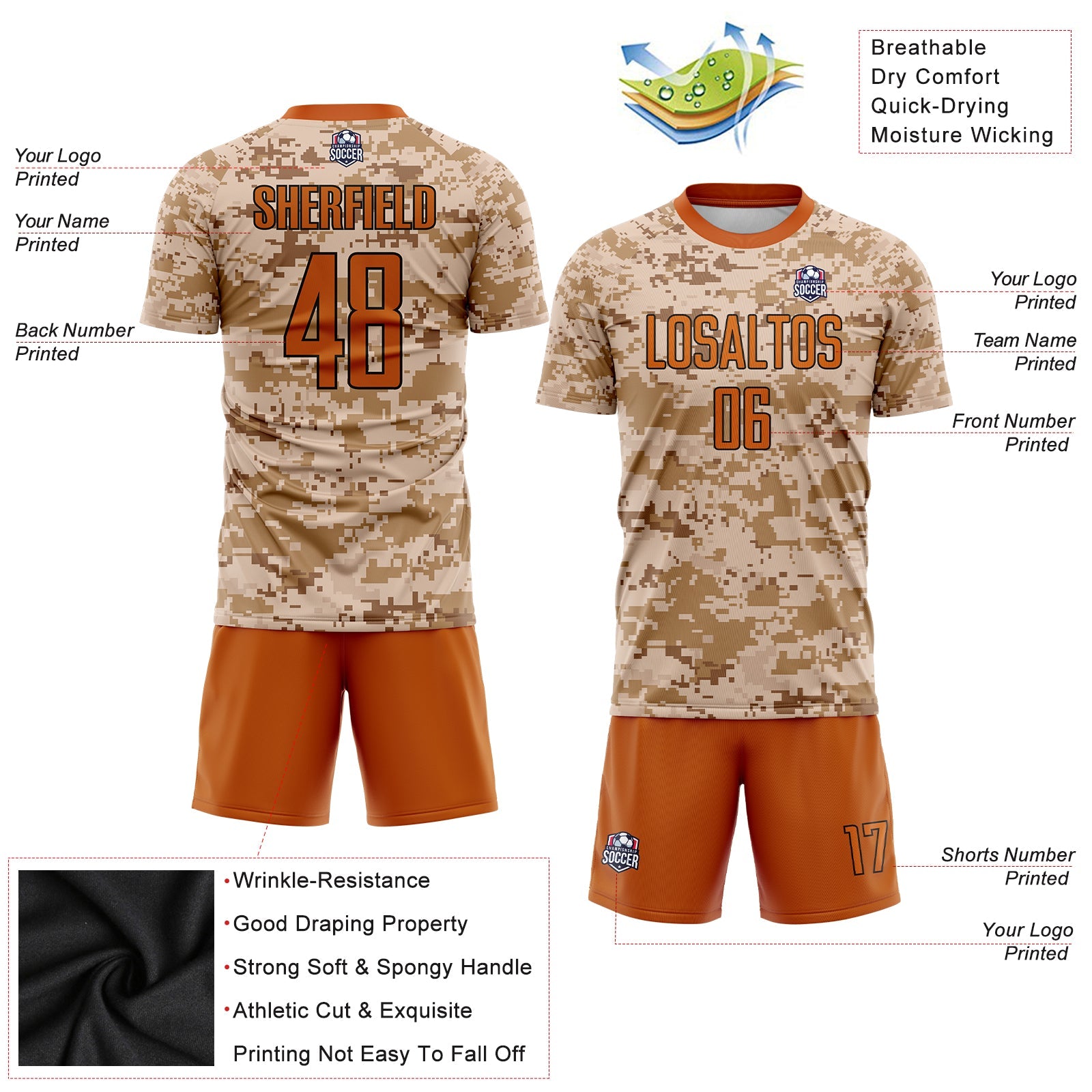 Custom Camo Texas Orange-Brown Sublimation Salute To Service Soccer Uniform Jersey - Sky-Custom
