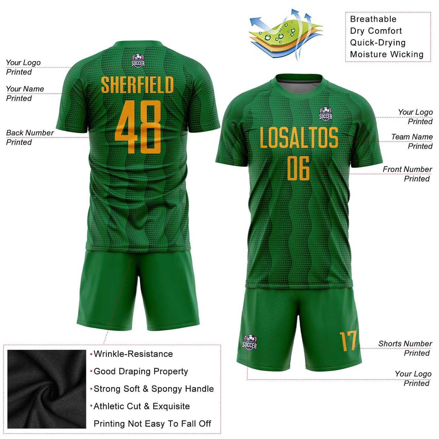 Custom Kelly Green Gold Sublimation Soccer Uniform Jersey - Sky-Custom