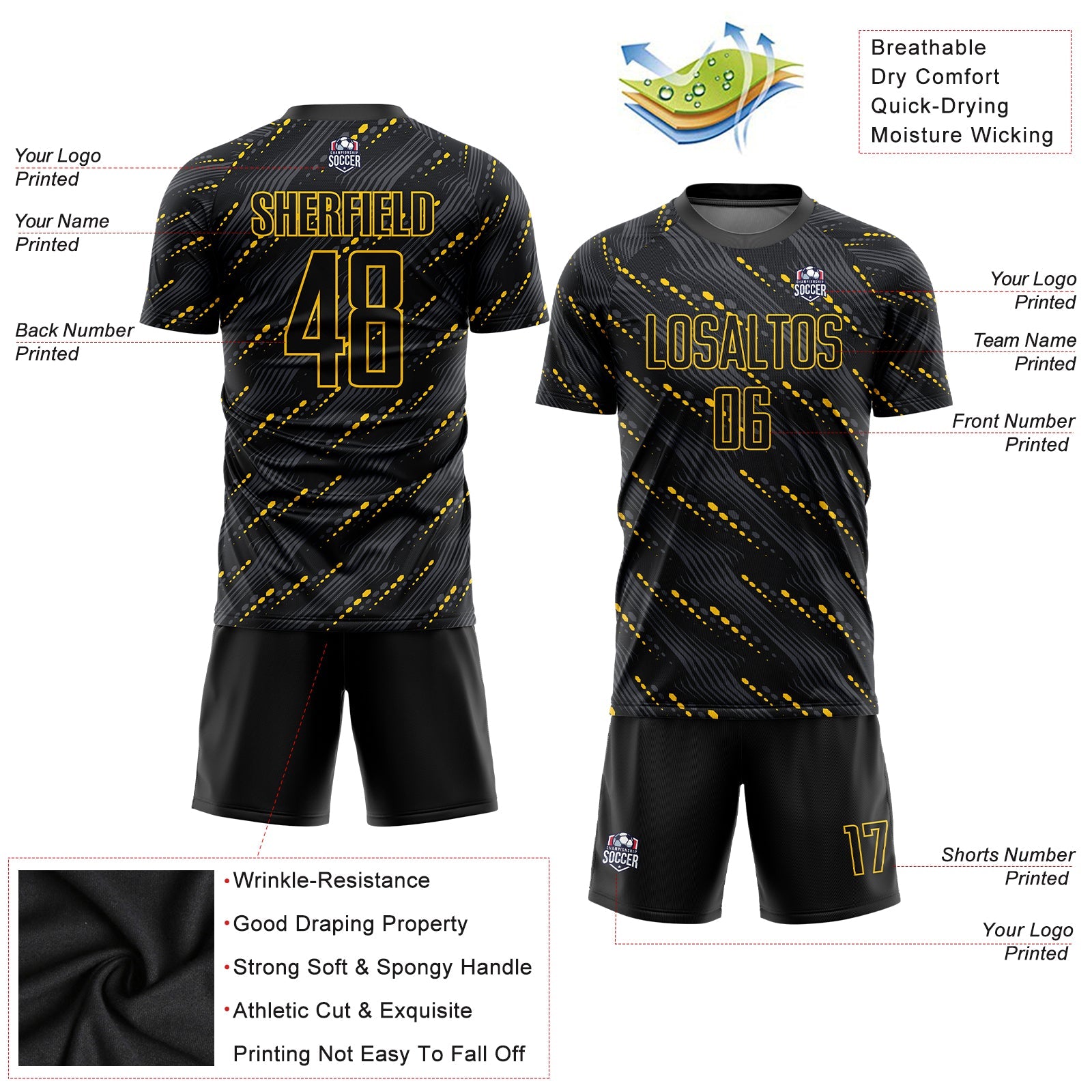 Custom Black Black-Gold Sublimation Soccer Uniform Jersey - Sky-Custom