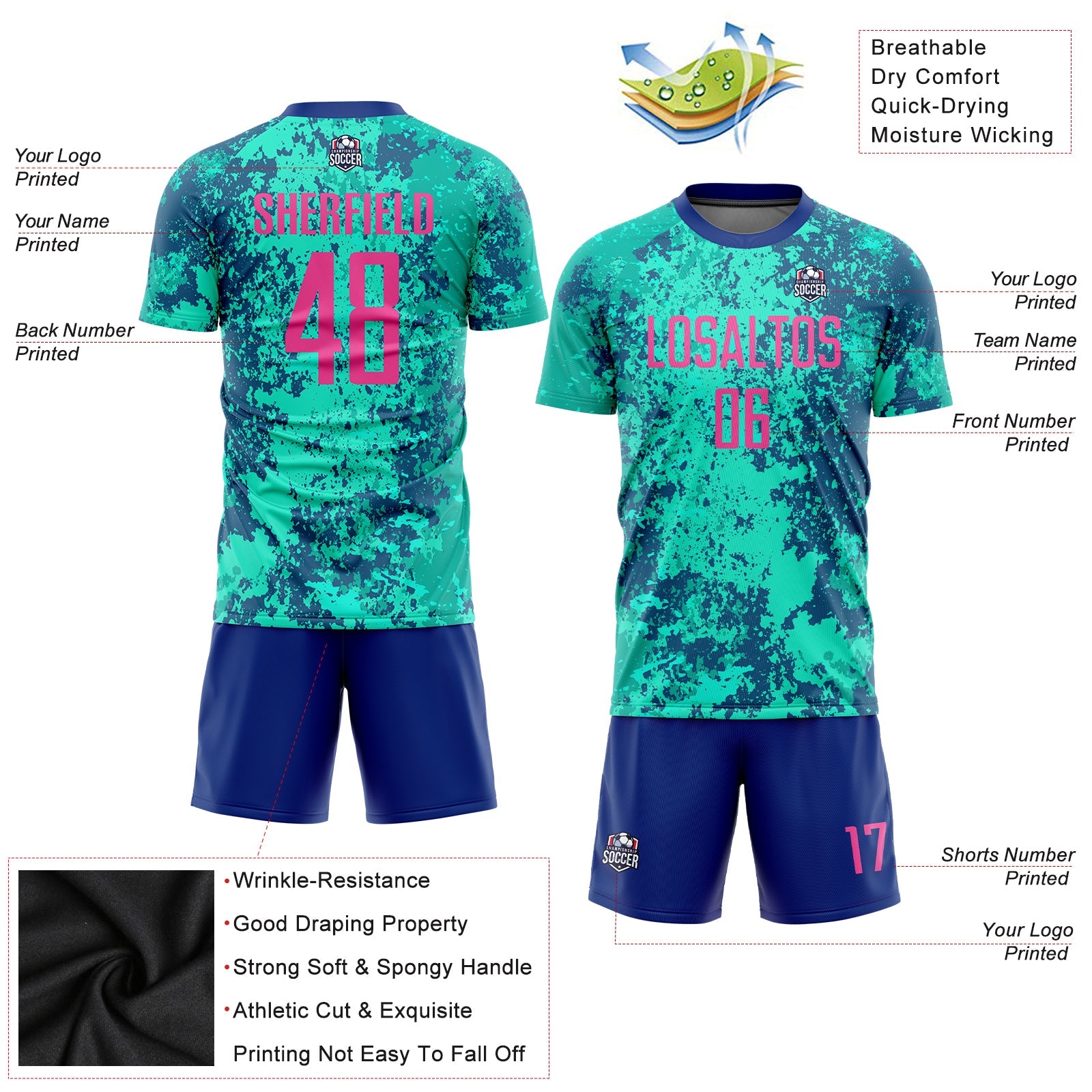 Custom Teal Pink-Royal Sublimation Soccer Uniform Jersey - Sky-Custom