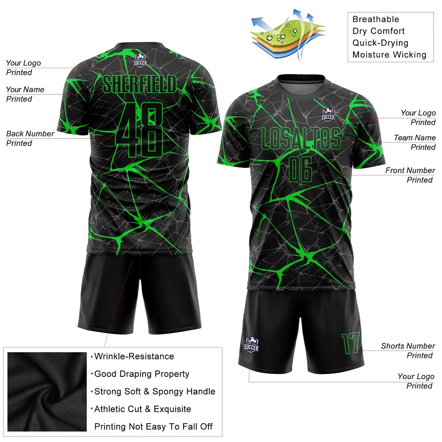 Custom Black Neon Green Sublimation Soccer Uniform Jersey - Sky-Custom