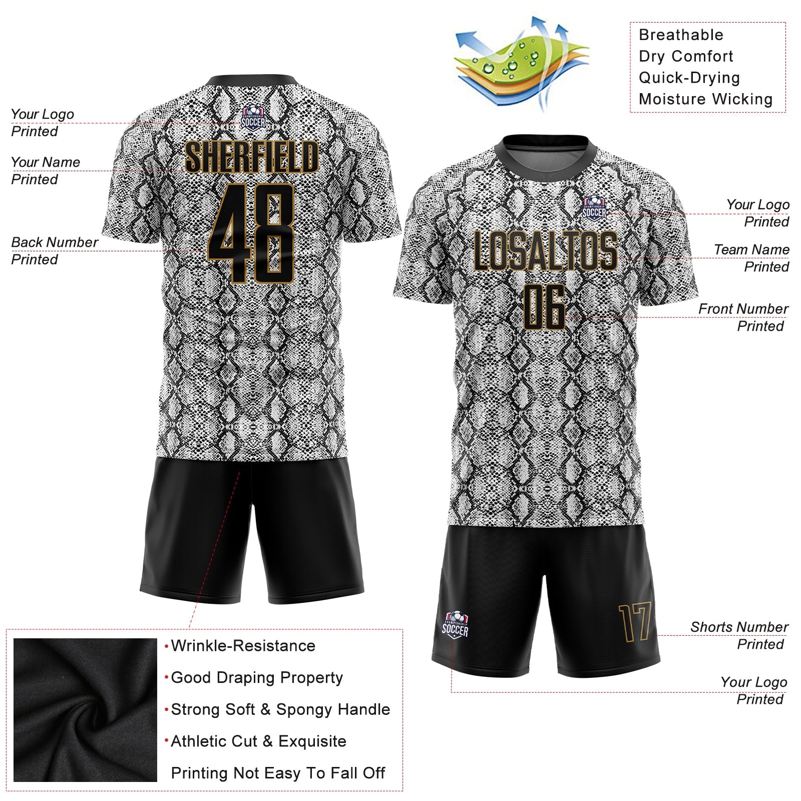 Custom Black Black-Old Gold Sublimation Snakeskin Soccer Uniform Jersey - Sky-Custom